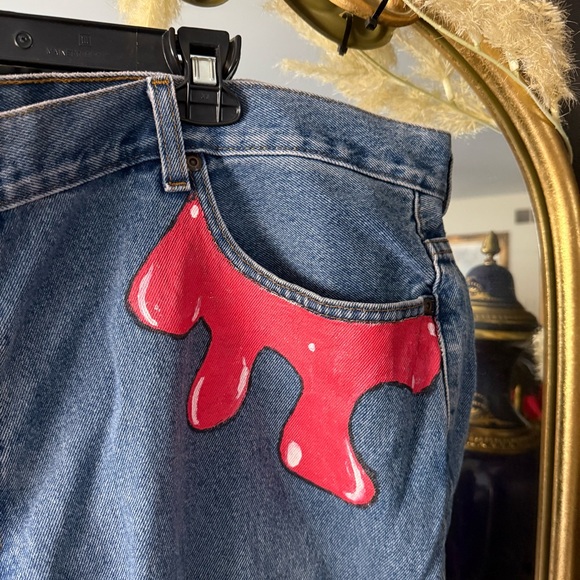 Red Paint Drip and Embroidered Straight Relaxed Fit Jeans - Picture 5 of 10